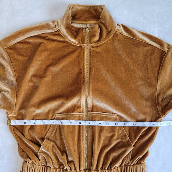 Velour Velvet Long Sleeve Zip-Up Wide Leg Onesie Jumpsuit W/ Pockets - Honey - Picture 4 of 12